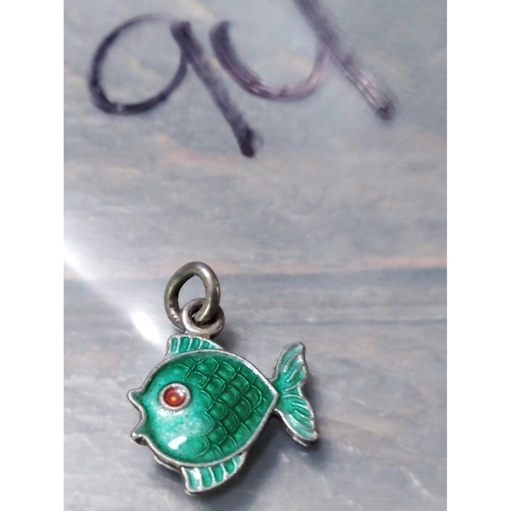 Vintage Sterling Silver 925 S Green Guilloche Enamel Fish Charm Pendant red eye